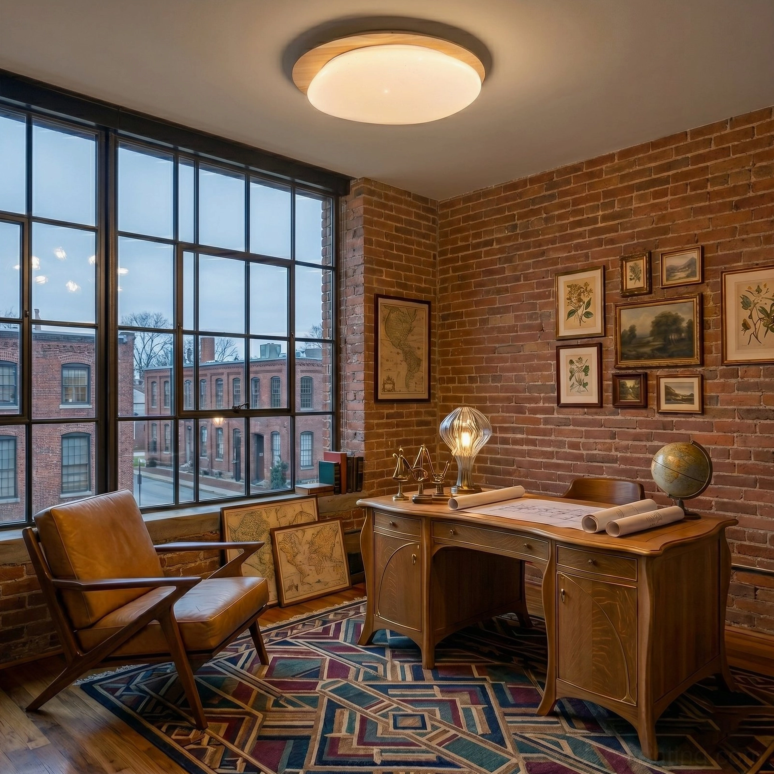 Gregg wood-trimmed ceiling lamp in industrial vintage home office, brick wall and factory windows