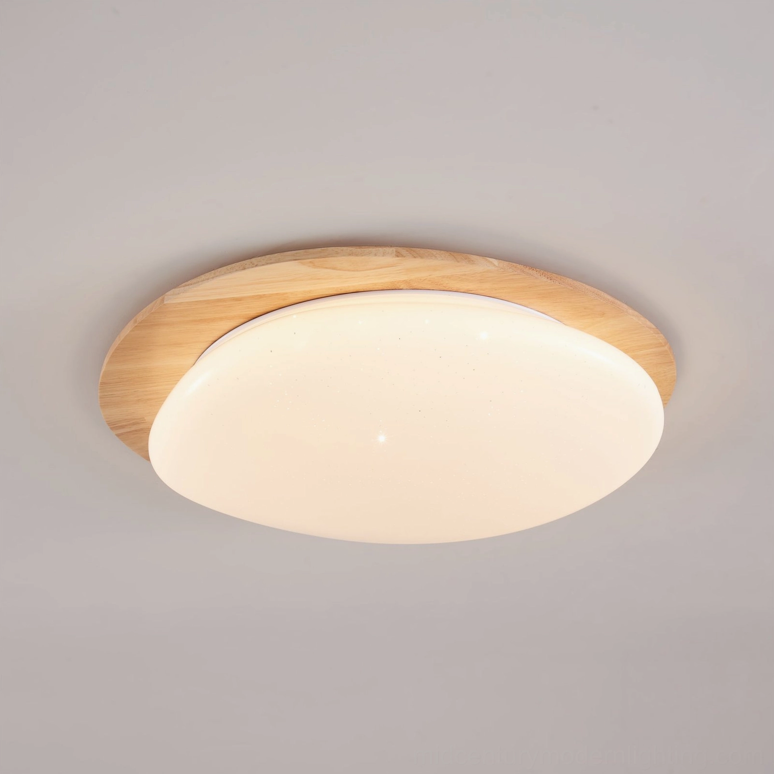 Gregg ceiling lamp in mid-century modern interior setting, walnut wood frame with integrated warm LED