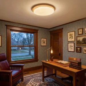 Gregg ceiling lamp installed in vintage home study, warm soft light diffusing from white acrylic dome