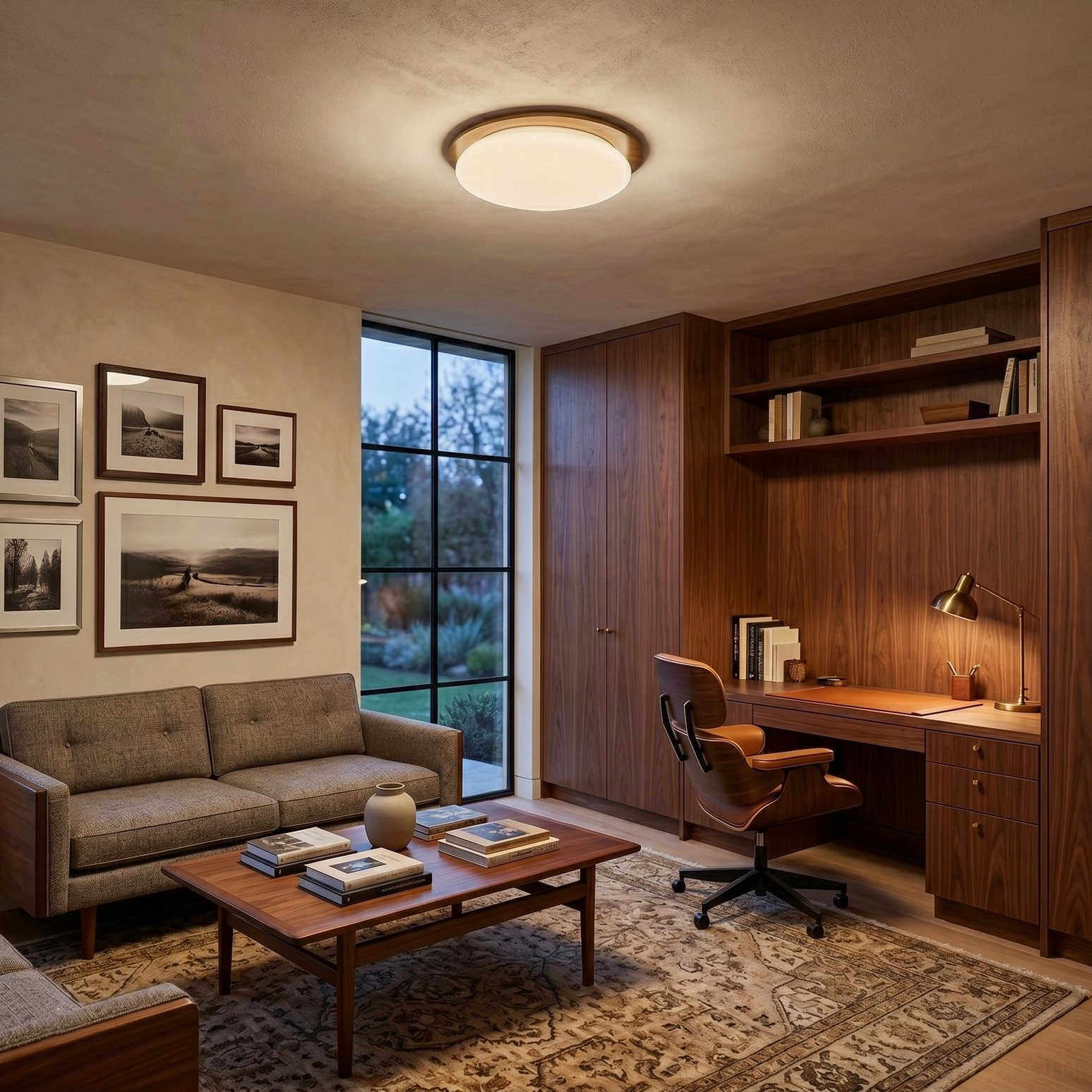 Gregg ceiling lamp illuminated above wooden built-in cabinets in modern classic home living and office space