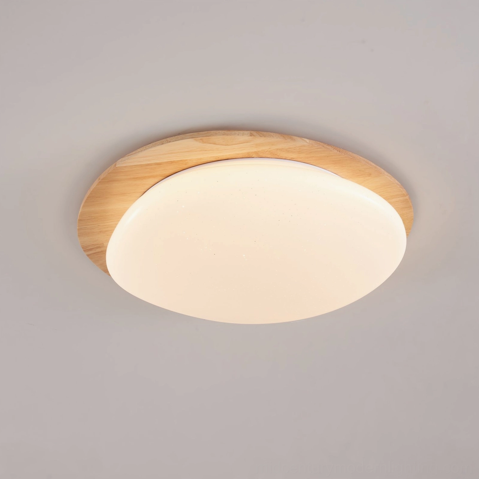Gregg flush mount ceiling lamp detail view showing wood grain texture and opaline acrylic glitter inclusions