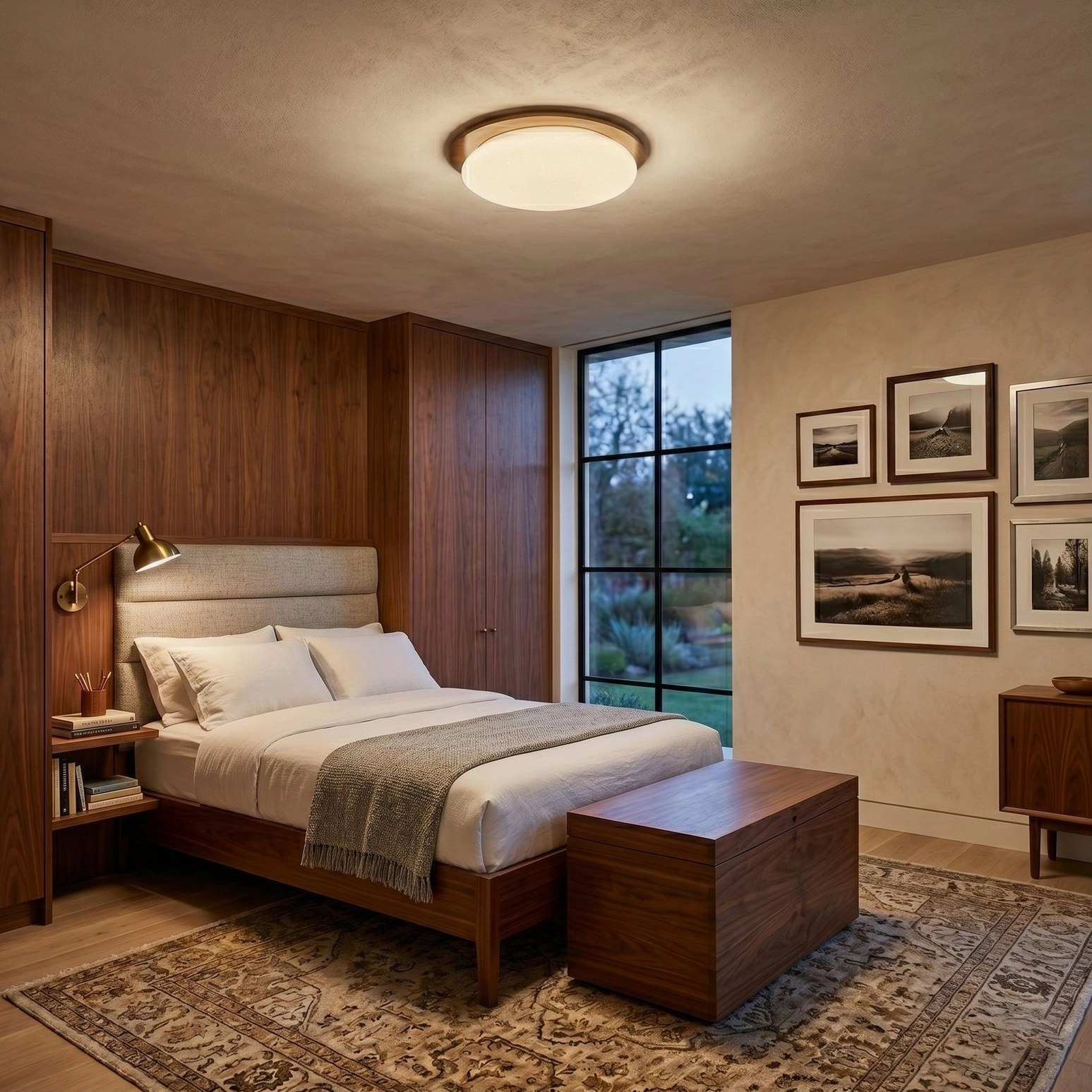 Gregg oval ceiling lamp in cozy traditional bedroom with wooden wall paneling and minimalist bed setup