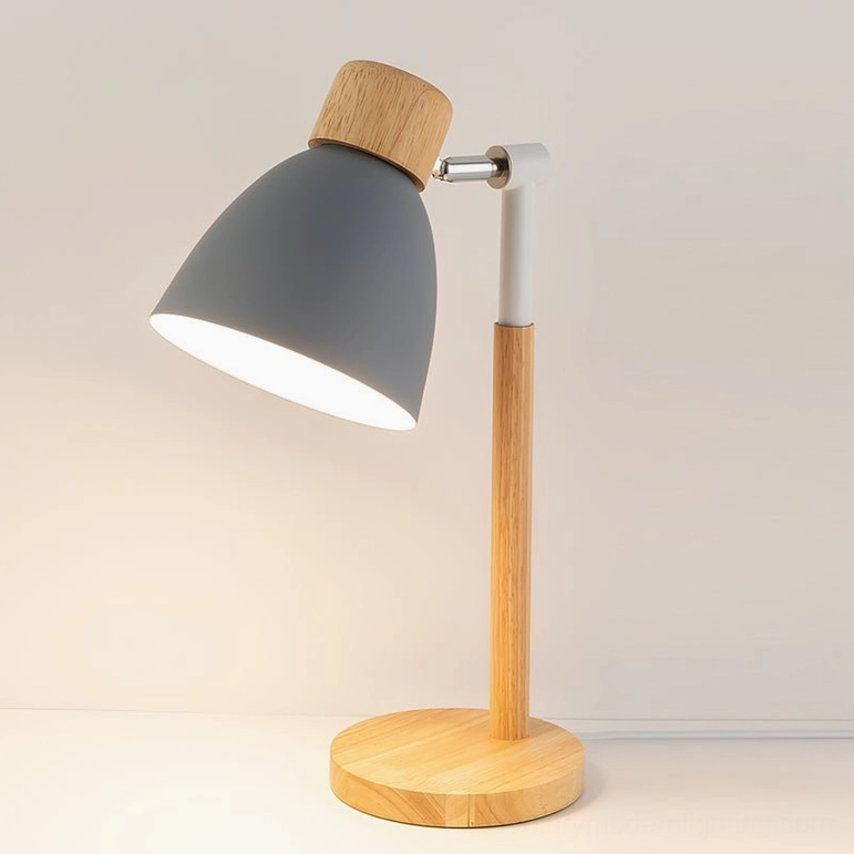 Grey shade Scandinavian wood table lamp on desk with neutral minimalist interior background