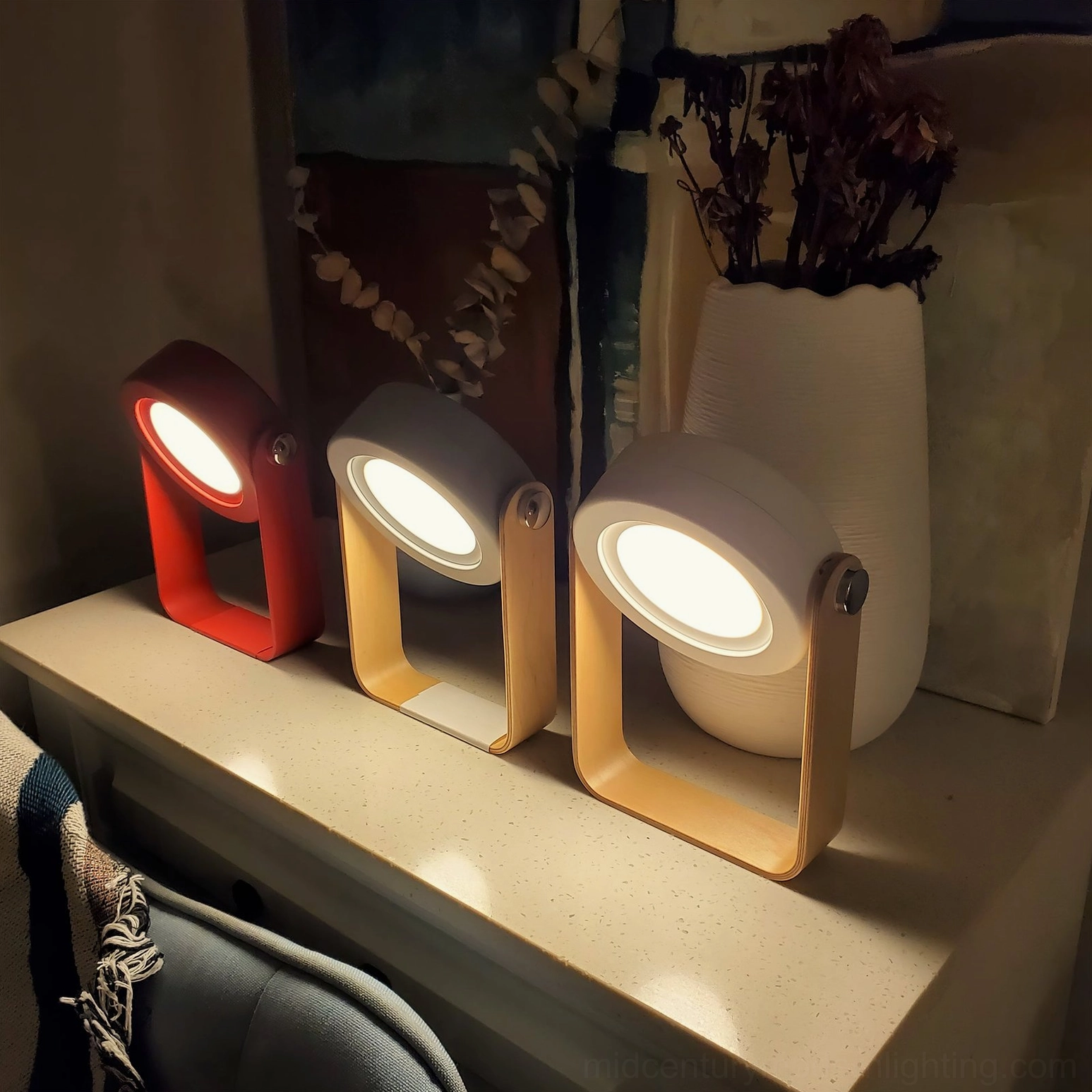 Grey and wood portable lantern table lamp, Nordic minimalist design perfect for modern home decor