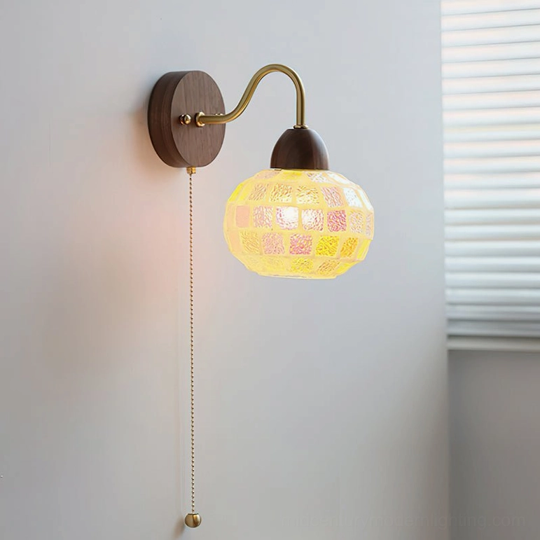 Grid textured frosted glass wall lamp with warm ambient light in bedroom with window blinds - side oblique view