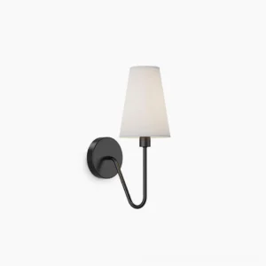 Griffin matte black wall sconce with white fabric shade, front view on studio white background, minimalist mid-century modern design