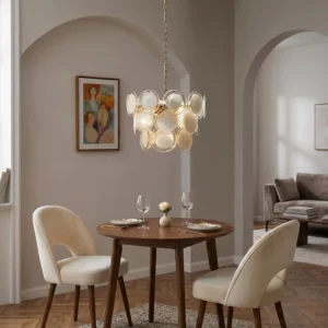 Gropius Disc chandelier illuminated above wooden dining table in warm, intimate vintage dining space with soft cinematic lighting