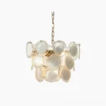 Gropius Disc pendant light front view, gold metal frame with layered frosted glass discs creating geometric concentric pattern