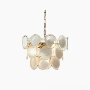 Gropius Disc pendant light front view, gold metal frame with layered frosted glass discs creating geometric concentric pattern