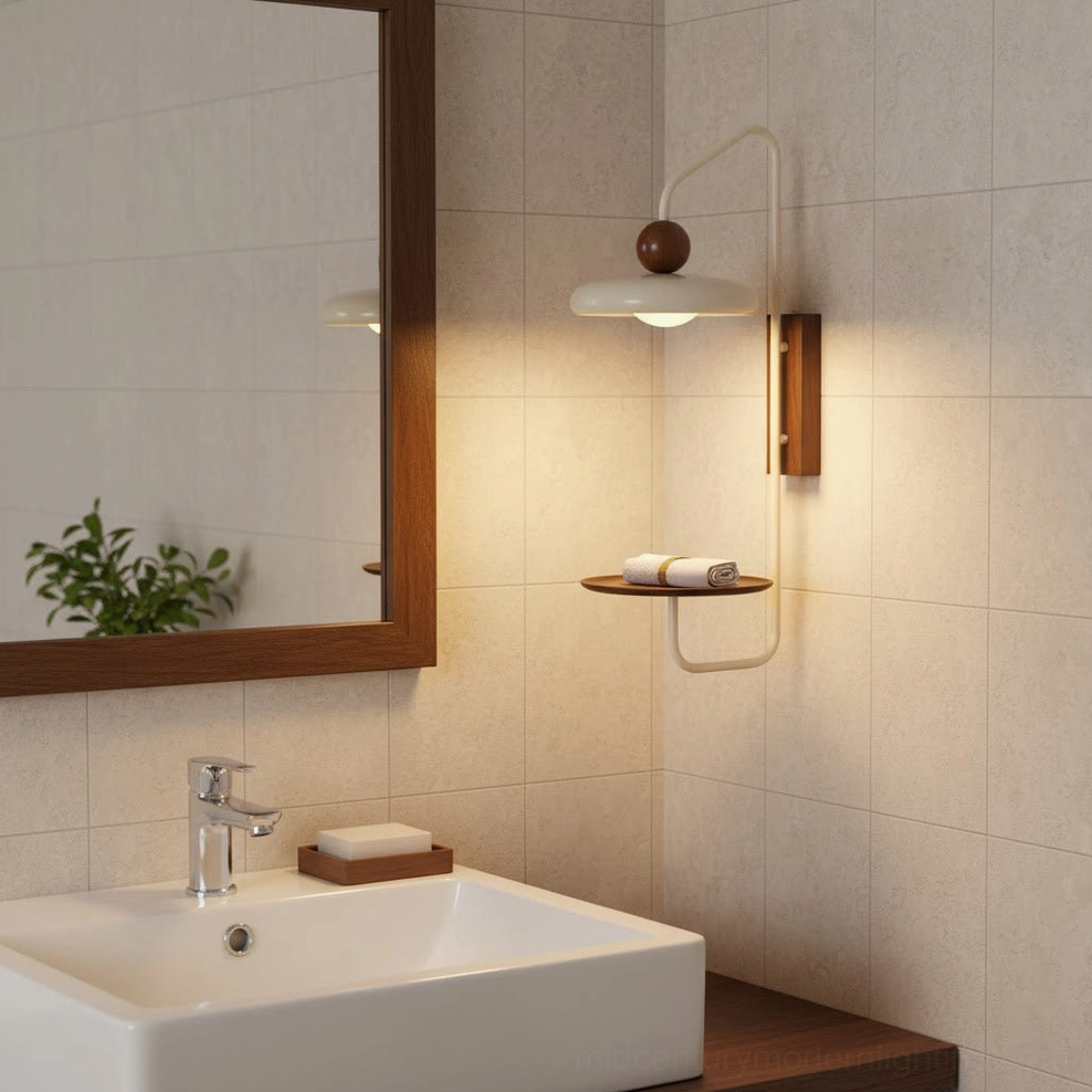 Corner bathroom view of Grote wall sconce with rolled towels on shelf, warm ambient lighting