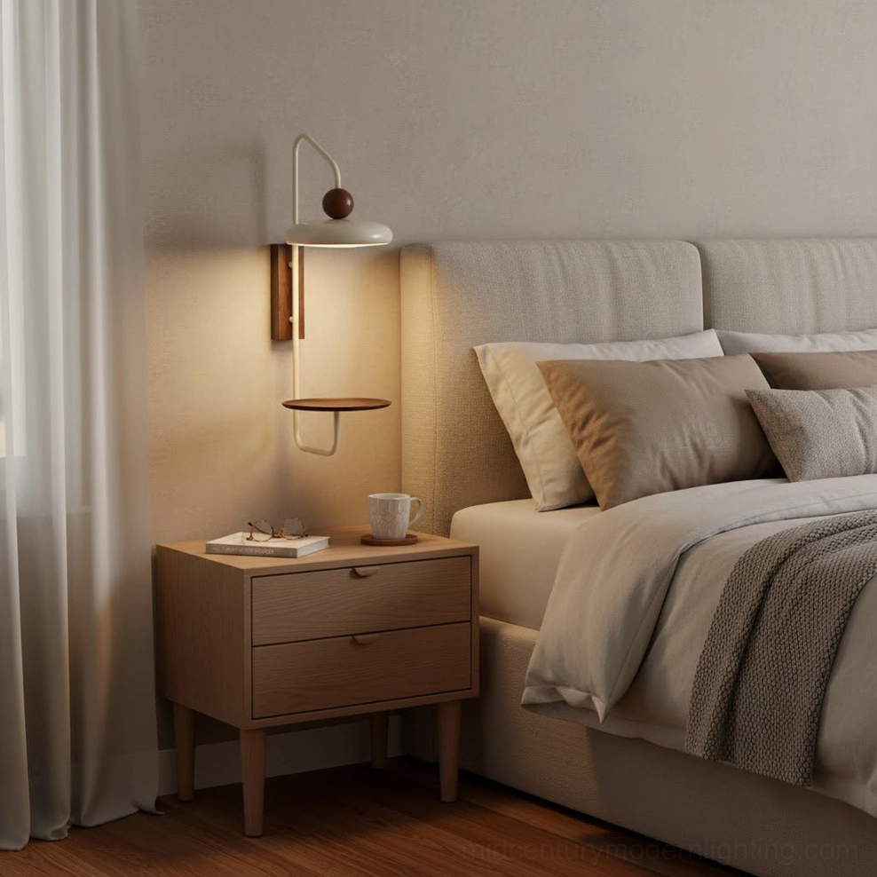 Grote wall-mounted lamp in cozy master bedroom beside wooden nightstand, warm light