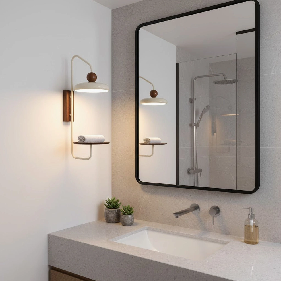 Grote wall sconce with storage shelf in neutral interior, minimalist modern design showcase