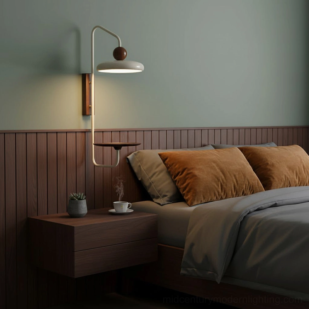 Grote wall sconce in modern bedroom with wood panel accent wall and brown velvet throw pillows