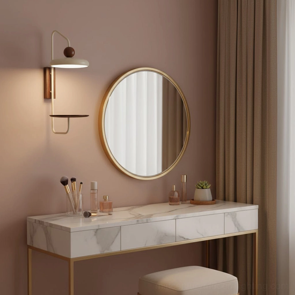 Grote Scandinavian-inspired wall lamp with integrated shelf and warm LED light, lifestyle view