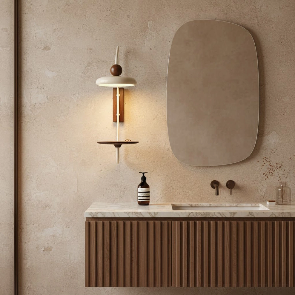Grote wall-mounted sconce in modern bathroom with Japandi vanity and wooden slats
