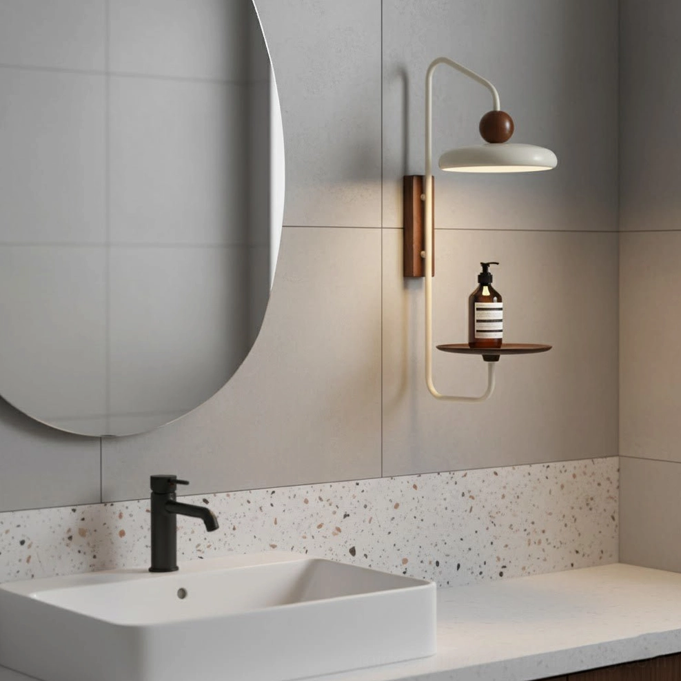 Grote wall sconce with storage shelf holding soap dispenser, modern terrazzo bathroom backsplash