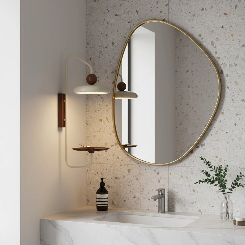 Grote wall sconce with shelf, complete product view showing walnut and white finish detail