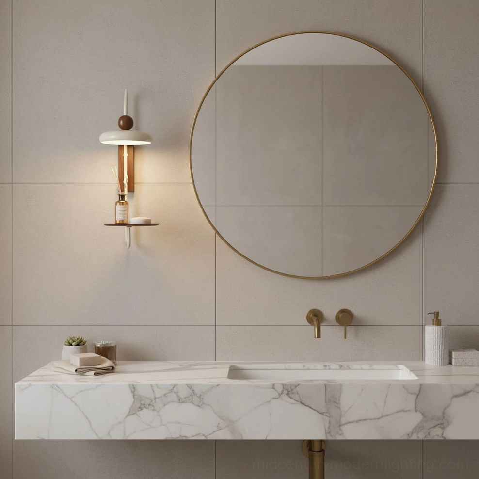 Grote wall sconce with minimalist design above marble vanity with round mirror, Nordic interior