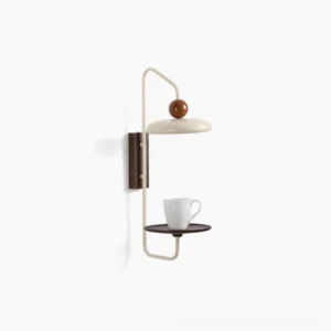 Grote wall sconce with integrated storage shelf, walnut wood and milky white finish, front studio view