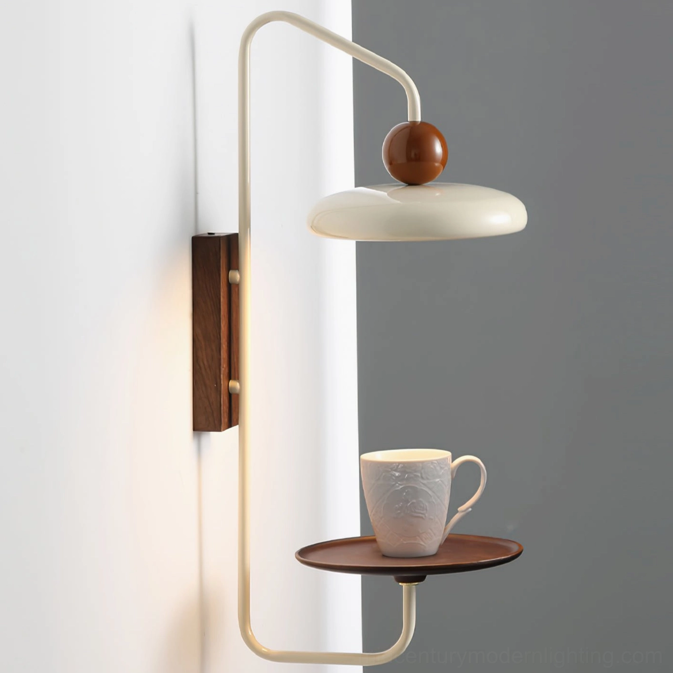Grote wall sconce with shelf, close-up detail of walnut wood and metal craftsmanship