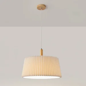 GT6 mid-century modern pendant lamp showing wood mounting bracket detail from below, indoor ceiling perspective