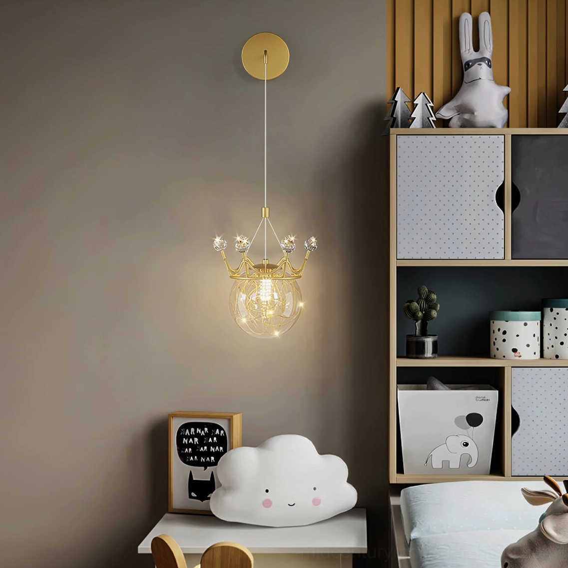 Elegant crown pendant sconce in contemporary kids bedroom study corner with soft crown-inspired design