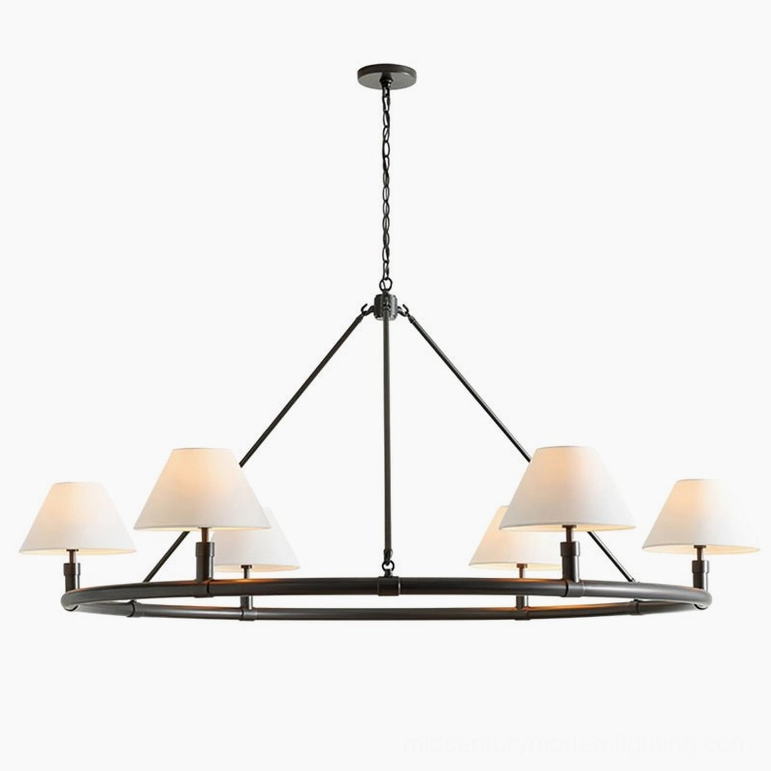Black finish Hackney chandelier six-arm pendant light with white tapered linen shades