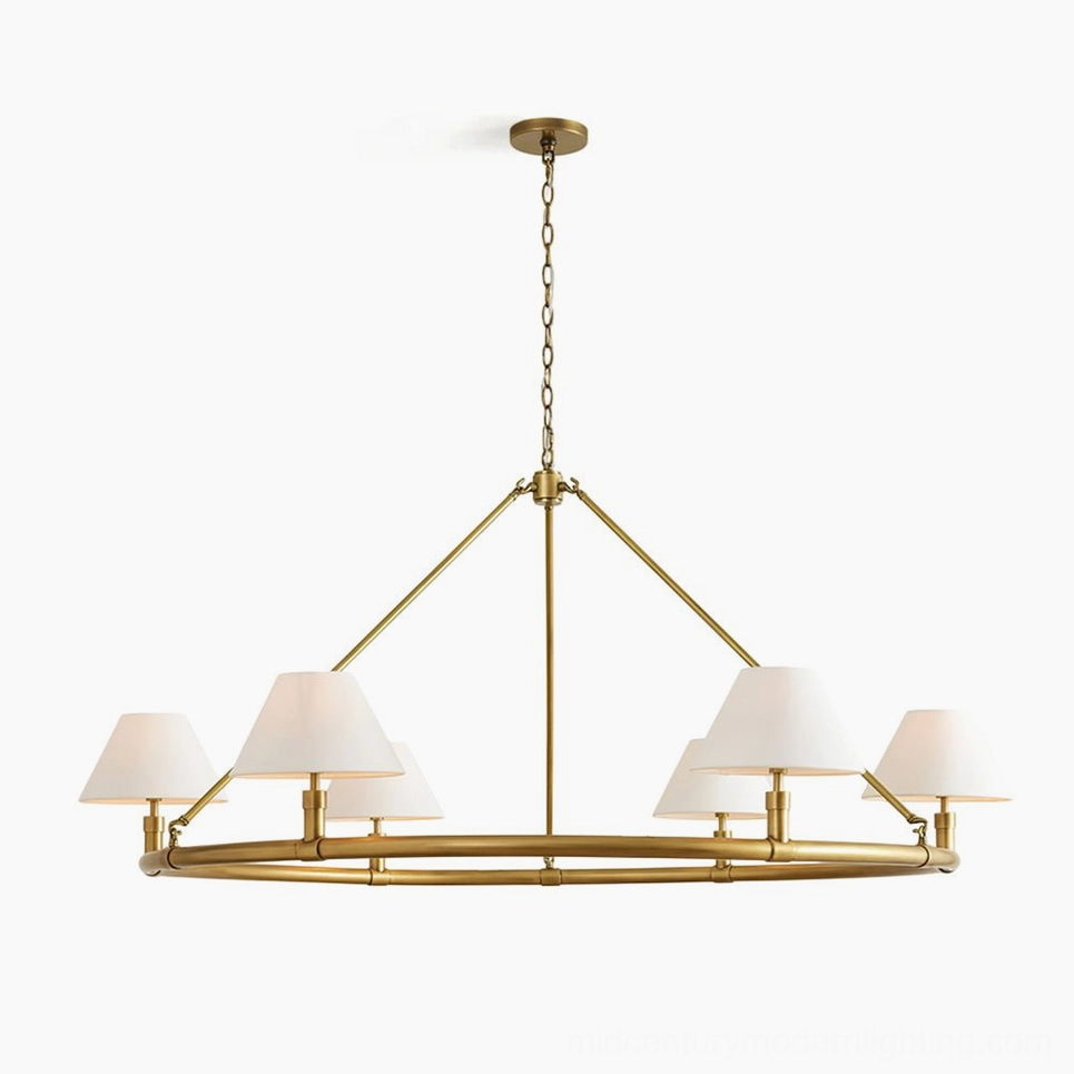 Hackney six-arm brass chandelier front view with white fabric shades and warm gold frame, studio lighting