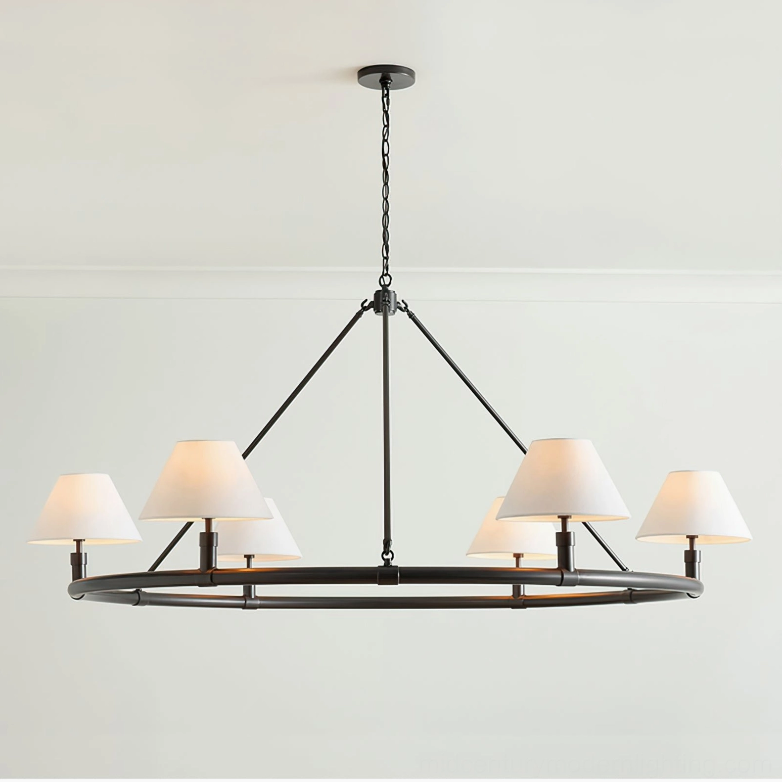 Hackney mid-century modern chandelier in brass finish, six-arm geometric design with fabric shades