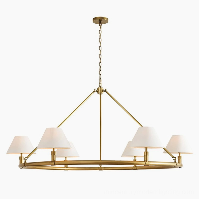 Nickel color six-arm chandelier with white fabric shades, contemporary minimalist aesthetic