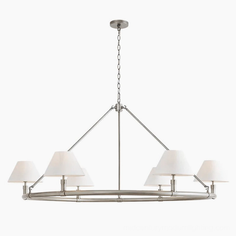 Nickel finish Hackney six-arm chandelier, modern pendant light fixture for dining rooms and living spaces