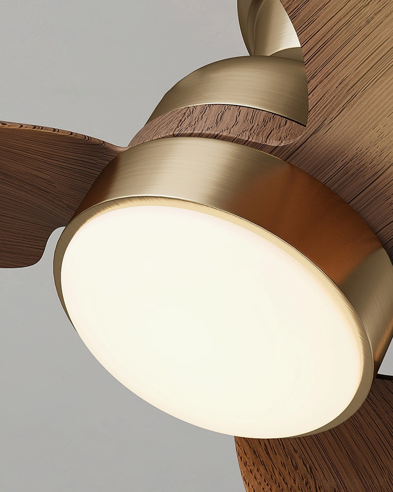 Haiku ceiling fan light assembly view, warm LED lighting preview, brass gold finish housing, low-angle close-up on gray background