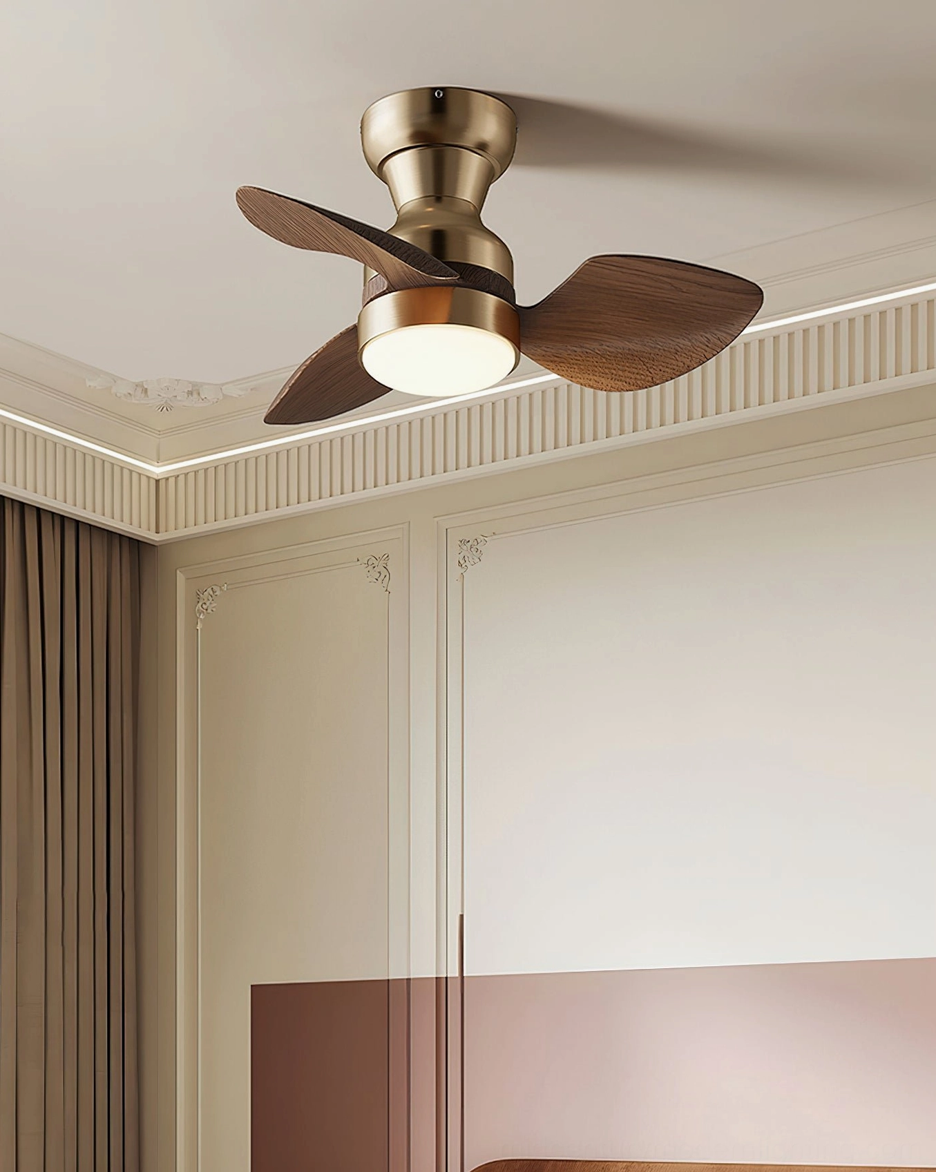 Haiku low-profile ceiling fan light in formal bedroom dressing area, brass finish housing, organic modern design, eye-level installation view