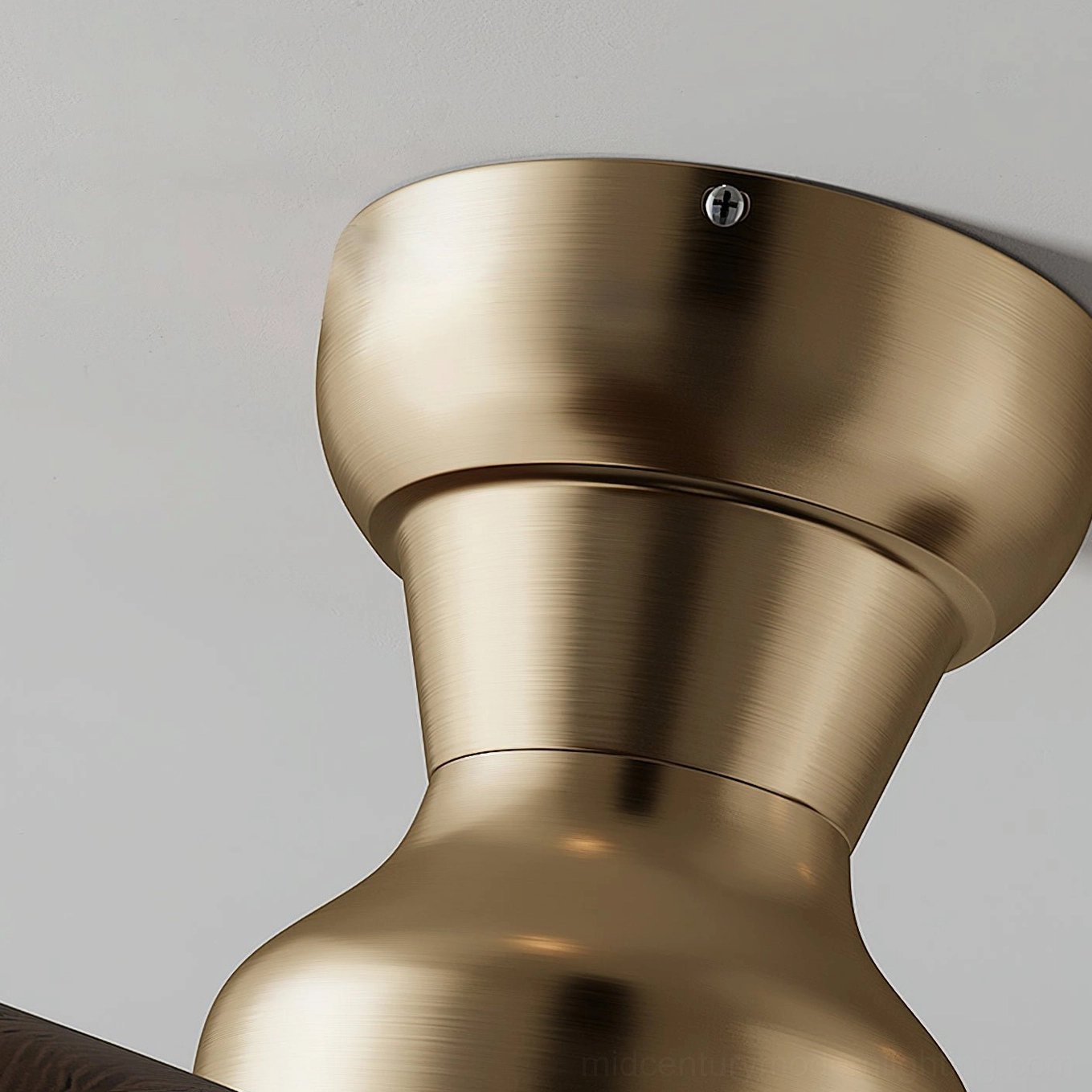 Haiku ceiling fan light mounting base assembly, brushed brass gold finish, front view detail on gray background, installation hardware