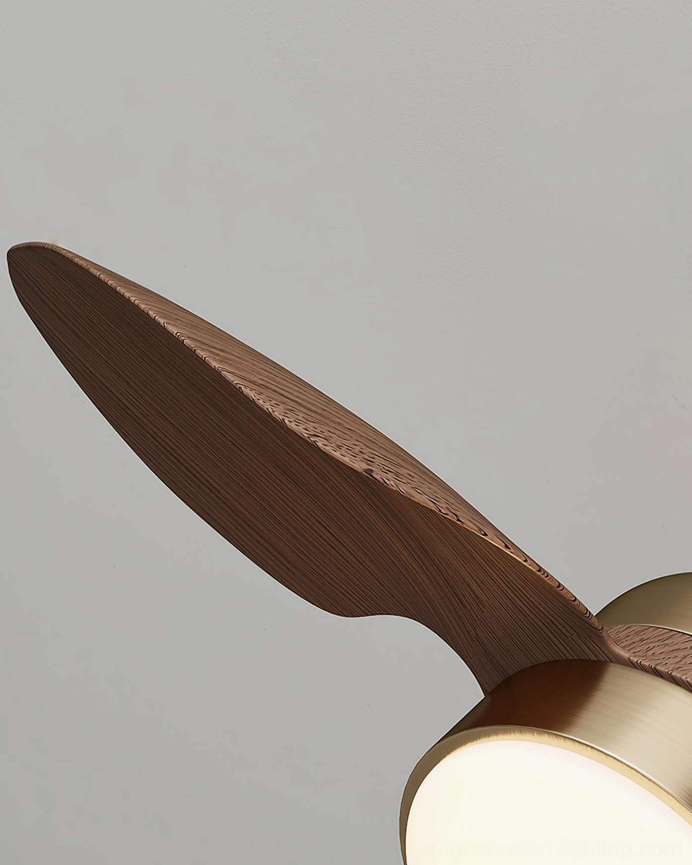 Haiku ceiling fan light component assembly, walnut wood blade grain detail, brass gold metal hardware, side close-up on gray background