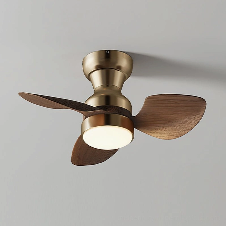 Haiku ceiling fan light walnut and brushed champagne finish variation, contemporary organic modern aesthetic, three-color LED lighting option