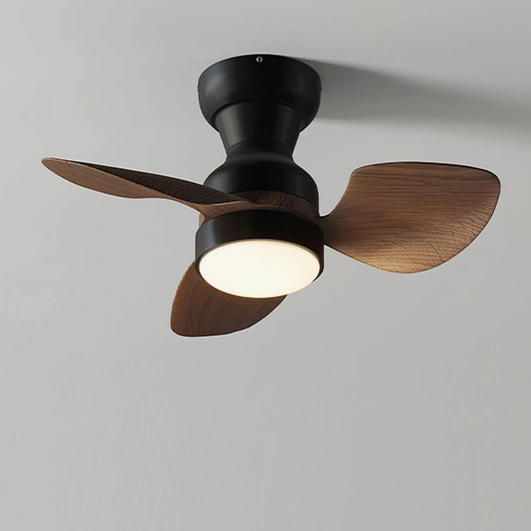 Haiku ceiling fan light walnut and chrome finish blend, contemporary contrast design, brushed metal housing, integrated three-color LED