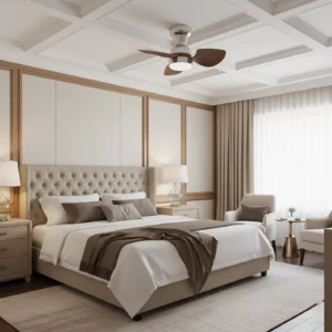 Haiku ceiling fan light installed in luxury master bedroom with walnut blades, brushed champagne finish, soft ambient LED lighting, modern bedroom interior design