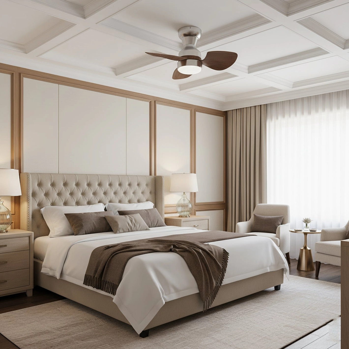 Haiku ceiling fan light installed in luxury master bedroom with walnut blades, brushed champagne finish, soft ambient LED lighting, modern bedroom interior design