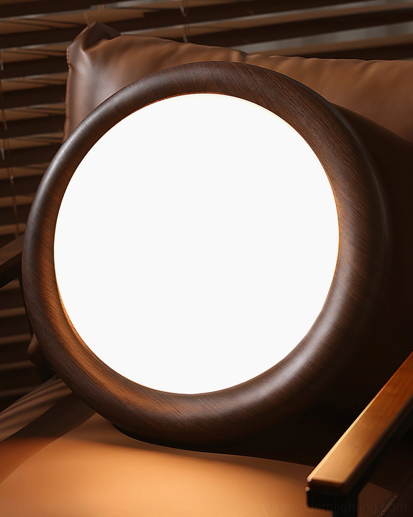 Haines mid-century modern ceiling fixture with thick wood frame, low-angle close-up in bedroom bedside area with warm lighting