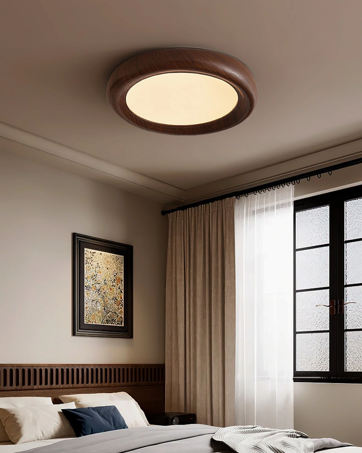 Haines bedroom ceiling lamp with brown wood grain frame, wide room view with minimalist wall artwork and rustic cozy aesthetic