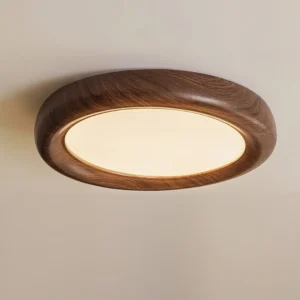 Haines ceiling lamp with walnut wood grain texture, side close-up view installed on ceiling with warm ambient lighting