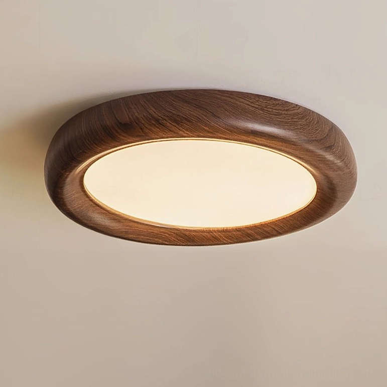 Haines ceiling lamp with walnut wood grain texture, side close-up view installed on ceiling with warm ambient lighting