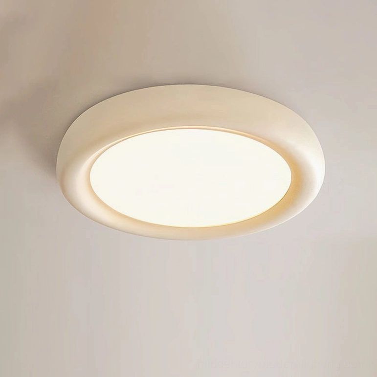 Haines compact size mid-century modern ceiling lamp in beige, overhead detail shot with dimming control compatibility shown