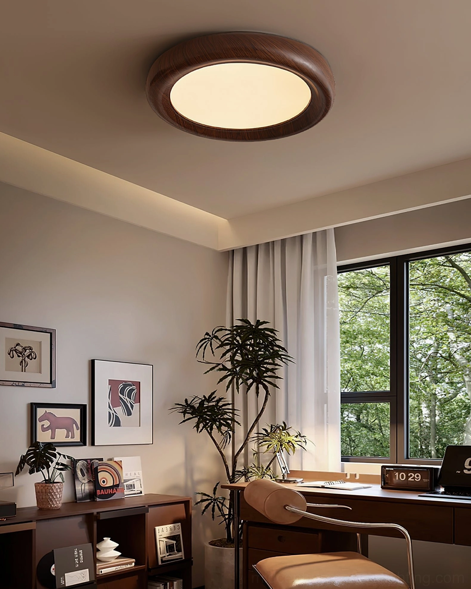 Haines ceiling lamp in home workspace above desk with window, warm retro wabi-sabi style study room lighting
