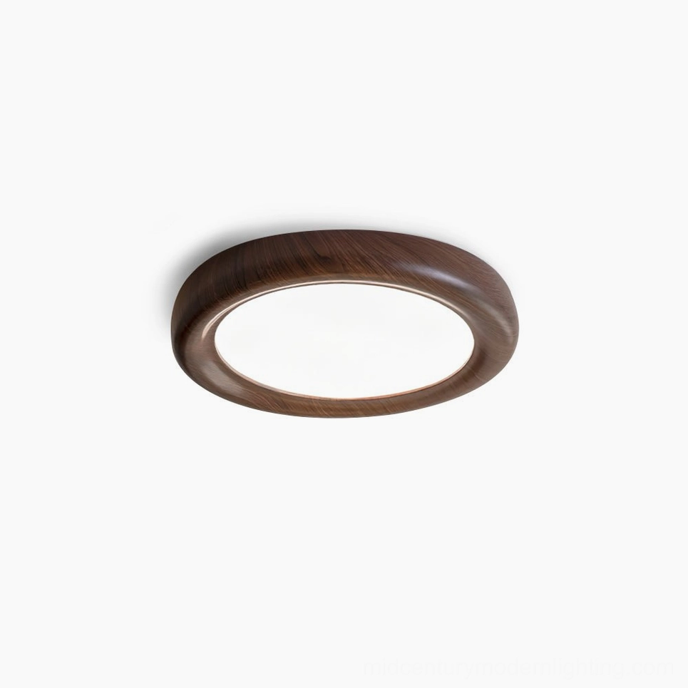 Haines modern round ceiling fixture in walnut finish, detailed product shot showing frame construction and warm light diffusion