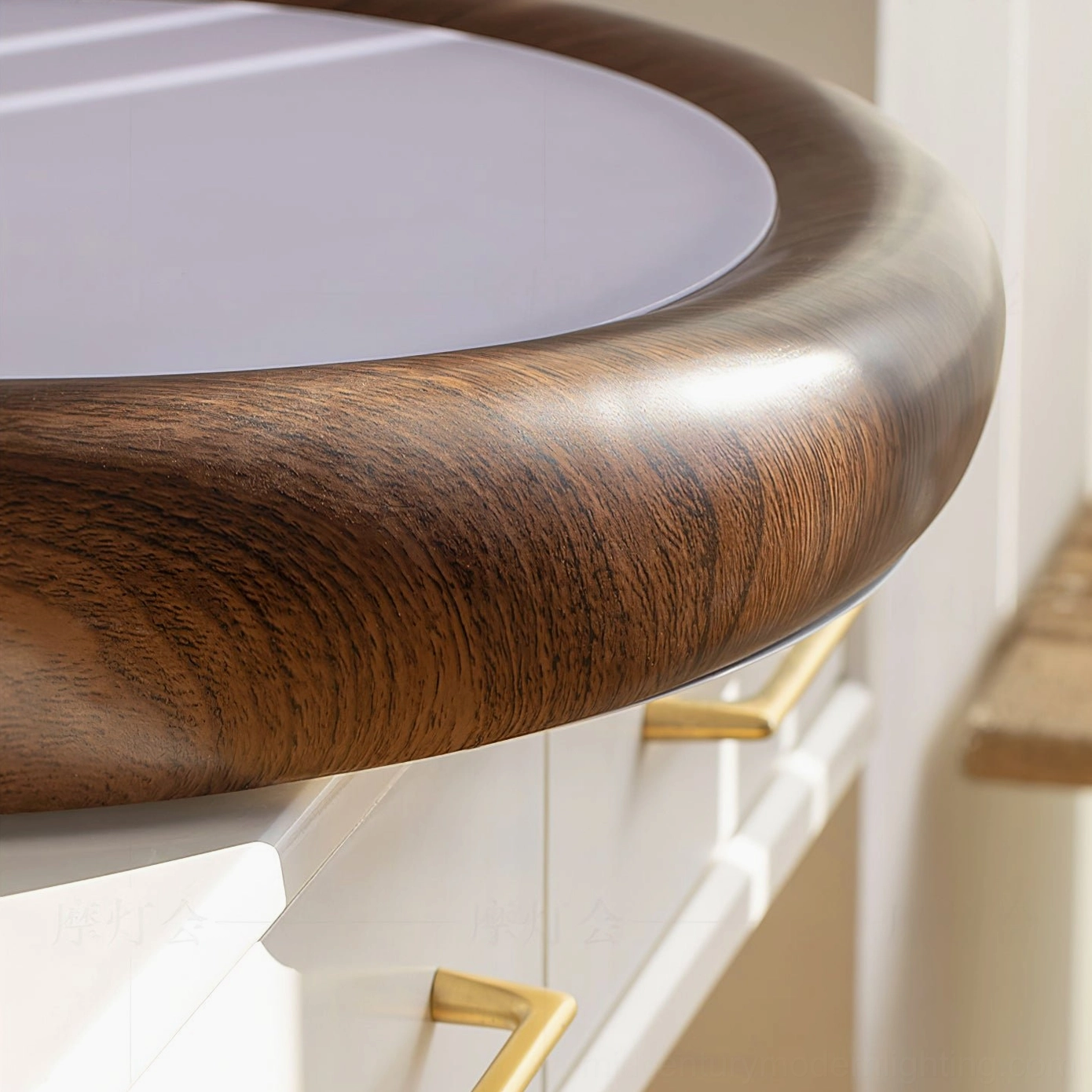 Haines ceiling lamp frame close-up macro side view, realistic walnut wood grain texture with smooth rounded edges detail