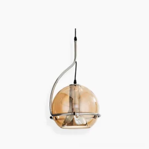 Halo amber glass pendant lamp - industrial chrome metal frame with warm spherical glass shade front view studio