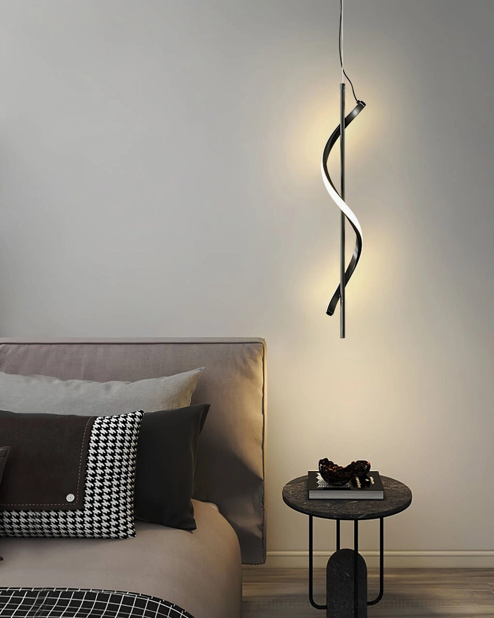 Matte black Hamburg spiral LED pendant lamp in modern bedroom with eye-level view and warm ambient lighting