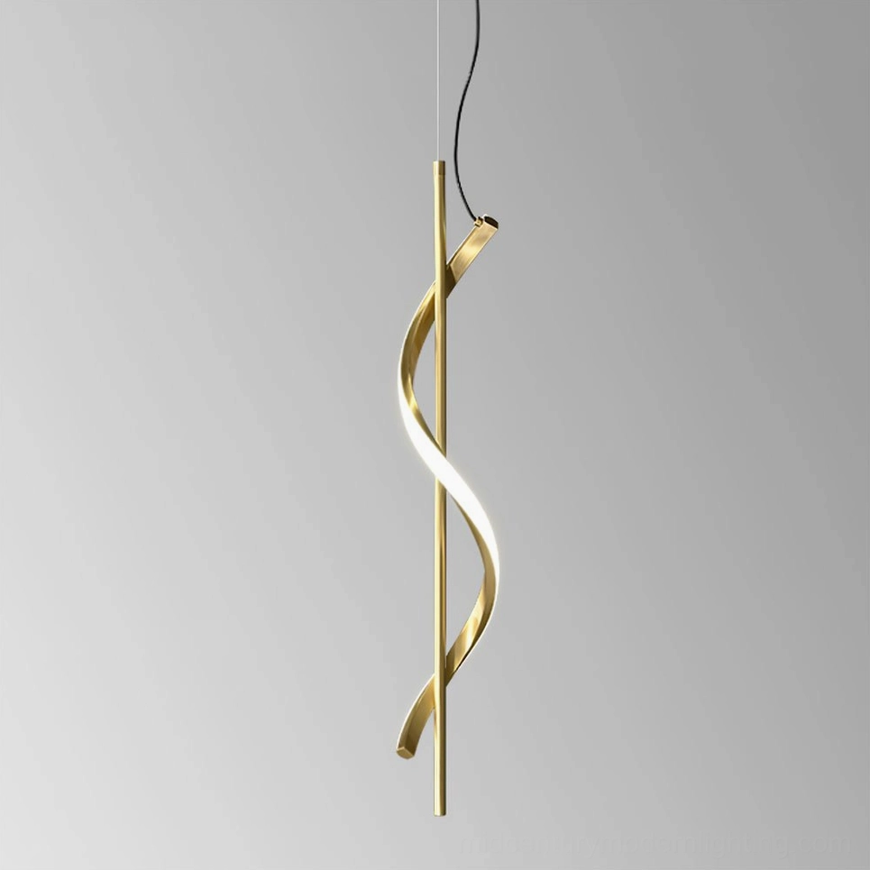 Polished gold Hamburg spiral pendant light with three-color changing LED, isolated on white studio background